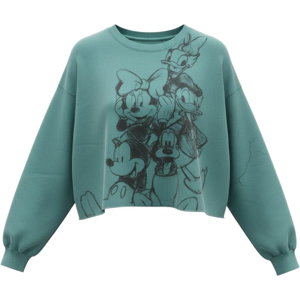 Disney Mickey and Friends Cropped Sweatshirt Teal Green Sketch Graphic 1X
